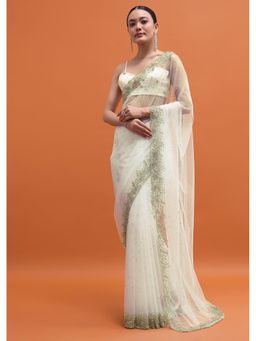 KALKI FASHION - White Embroidered Sequined Net Saree with Unstitched Blouse