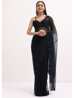 KALKI FASHION - Black Sequined Organza Saree with Unstitched Blouse
