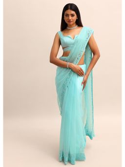 KALKI FASHION - Blue Net Embroidered Cut Dana Saree with Unstitched Blouse
