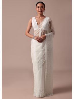 KALKI FASHION - White Embellished Sequined Organza Saree with Unstitched Blouse