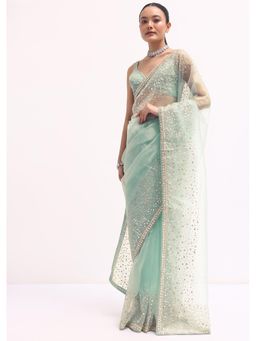 KALKI FASHION - Sky Blue Embroidered Sequined Tissue Saree with Unstitched Blouse