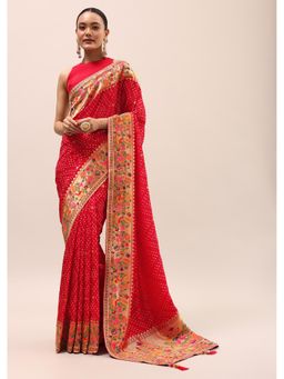 KALKI FASHION - Red Woven Bandhani Silk Saree with Unstitched Blouse