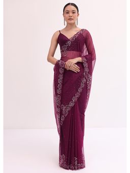 KALKI FASHION - Wine Embellished Sequined Saree with Unstitched Blouse