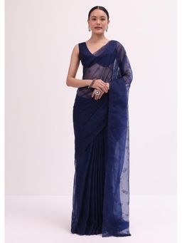 KALKI FASHION - Navy Blue Organza Embroidered Saree with Unstitched Blouse