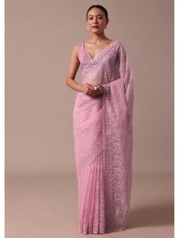 KALKI FASHION - Pink Embroidered Organza Saree with Unstitched Blouse