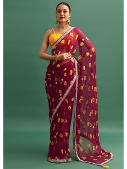 KALKI FASHION - Wine Chiffon Bandhani Sequined Border Saree with Unstitched Blouse