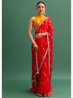 KALKI FASHION - Red Chiffon Bandhani Sequined Border Saree with Unstitched Blouse