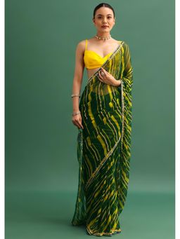 KALKI FASHION - Green Chiffon Leheriya Embellished Border Saree with Unstitched Blouse