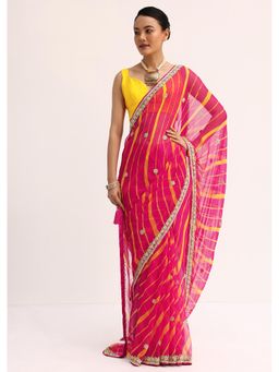 KALKI FASHION - Pink Chiffon Sequined Leheriya Saree with Unstitched Blouse