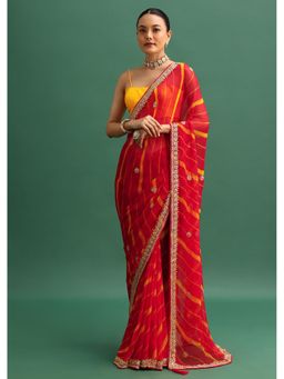 KALKI FASHION - Red Chiffon Leheriya with Sequined Border Saree with Unstitched Blouse