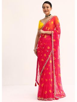 KALKI FASHION - Red Georgette Sequined Bandhani Saree with Unstitched Blouse