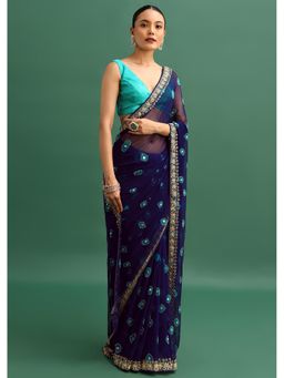KALKI FASHION - Navy Blue Chiffon Bandhani Sequined Border Saree with Unstitched Blouse