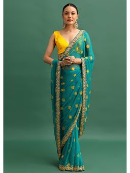 KALKI FASHION - Turquoise Chiffon Bandhani Sequined Border Saree with Unstitched Blouse