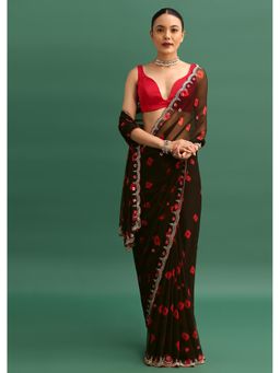 KALKI FASHION - Black Chiffon Bandhani Printed Sequined Border Saree with Unstitched Blouse