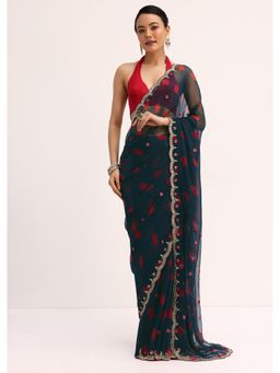 KALKI FASHION - Navy Blue Chiffon Bandhani Printed Sequined Border Saree with Unstitched Blouse