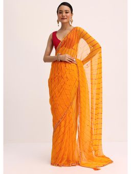 KALKI FASHION - Orange Sequined Leheriya Chiffon Saree with Unstitched Blouse