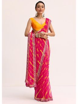 KALKI FASHION - Pink Printed Chiffon Leheriya Saree with Unstitched Blouse