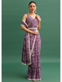 KALKI FASHION - Purple Printed- Embroidered Border Saree with Unstitched Blouse and Belt