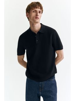 H&M - Men Blue Regular Fit Textured-Knit Polo T-Shirt