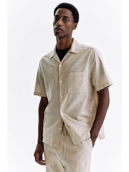 H&M - Men Beige Regular Fit Short-Sleeved Linen-Blend Shirt
