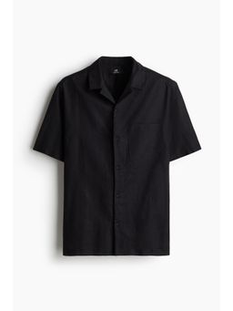 H&M - Men Black Regular Fit Short-Sleeved Linen-Blend Shirt