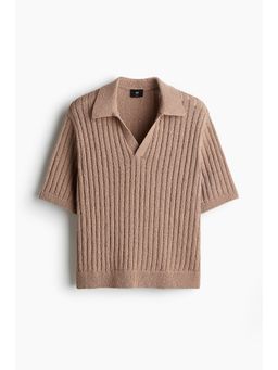 H&M - Men Beige Loose Fit Rib-Knit Polo Shirt