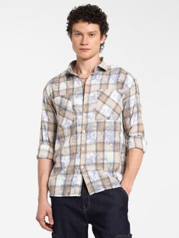 Campus Sutra - Men's Light Beige and Off-White Plaid Oversized Shirt