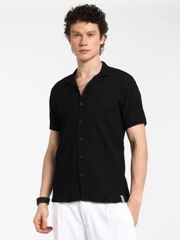 Campus Sutra - Men's Onyx Black Self-Design Striped Shirt