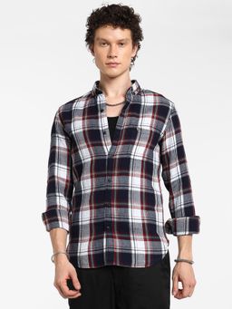 Campus Sutra - Men's Navy Blue and Cadmium Red Tartan Plaid Shirt