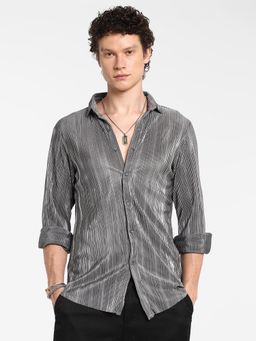 Campus Sutra - Men's Icy Blue and Metallic Silver Pleat-Creased Shirt
