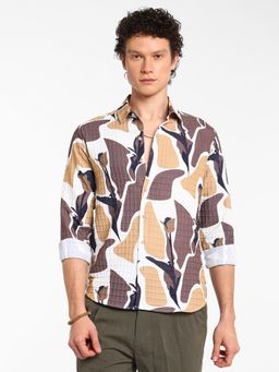 Campus Sutra - Men's Taupe Brown and Beige Abstract Tulip Shirt