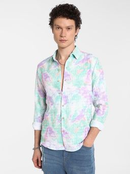Campus Sutra - Men's Sea Green and Lavender Splash Textured Shirt