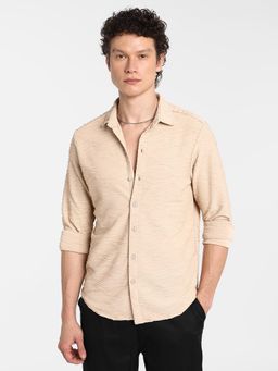 Campus Sutra - Men's Saltbox Beige Self-Design Wave Shirt