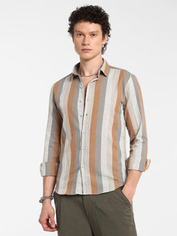 Campus Sutra - Men's Copper Brown and Peanut Brown Block-Striped Shirt