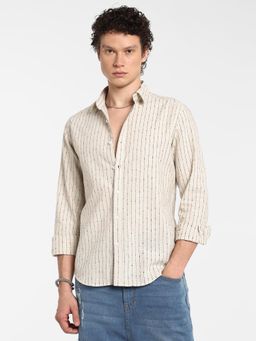 Campus Sutra - Men's Canvas Beige Chalk-Striped Shirt