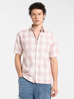 Campus Sutra - Men's Blush Pink and Powder White Buffalo Check Shirt