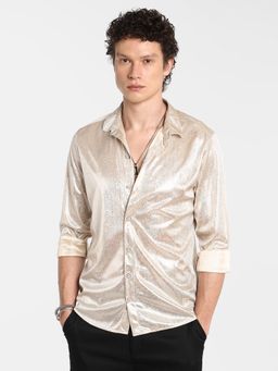 Campus Sutra - Men's Metallic Beige Sheen Chevron Shirt