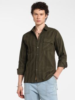 Campus Sutra - Men's Fern Olive Multitrack-Striped Shirt