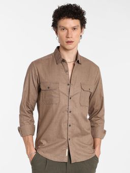 Campus Sutra - Men's Peanut Brown Heathered Utility Shirt