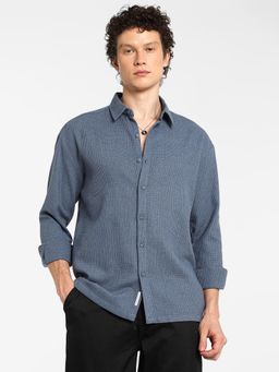 Campus Sutra - Men's Lapis Blue Waffle Knit Shirt