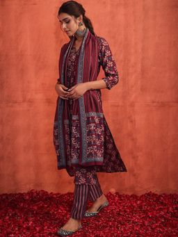 Indya - Maroon Batik Print Embroidered Chanderi Kurta With Pants And Printed Dupatta (Set of 3)