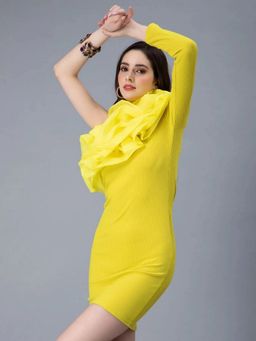 ANNY - Yellow One Shoulder Ruffle Rib Knit Dress