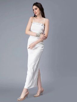 ANNY - Women White Rhinestones Embellished Satin Dress