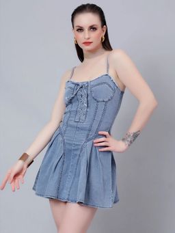 ANNY - Women Blue Lace Up Pleated Denim Dress