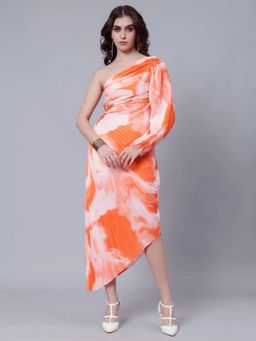 ANNY - Women Orange One-Shoulder Pleated Dress