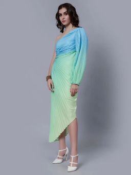 ANNY - Women Blue Ombre One-Shoulder Pleated Dress