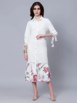 ANNY - Women White Polyester Casual Long Shirt Dress