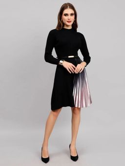 ANNY - Women Black Winter Ribbed Pleated Dress with Belt