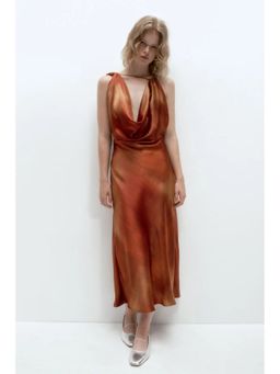 ANNY - Women Rust Cowl Neck Satin Dress