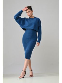 ANNY - Women Teal Sapphire Knit Dress with Crop Sweater